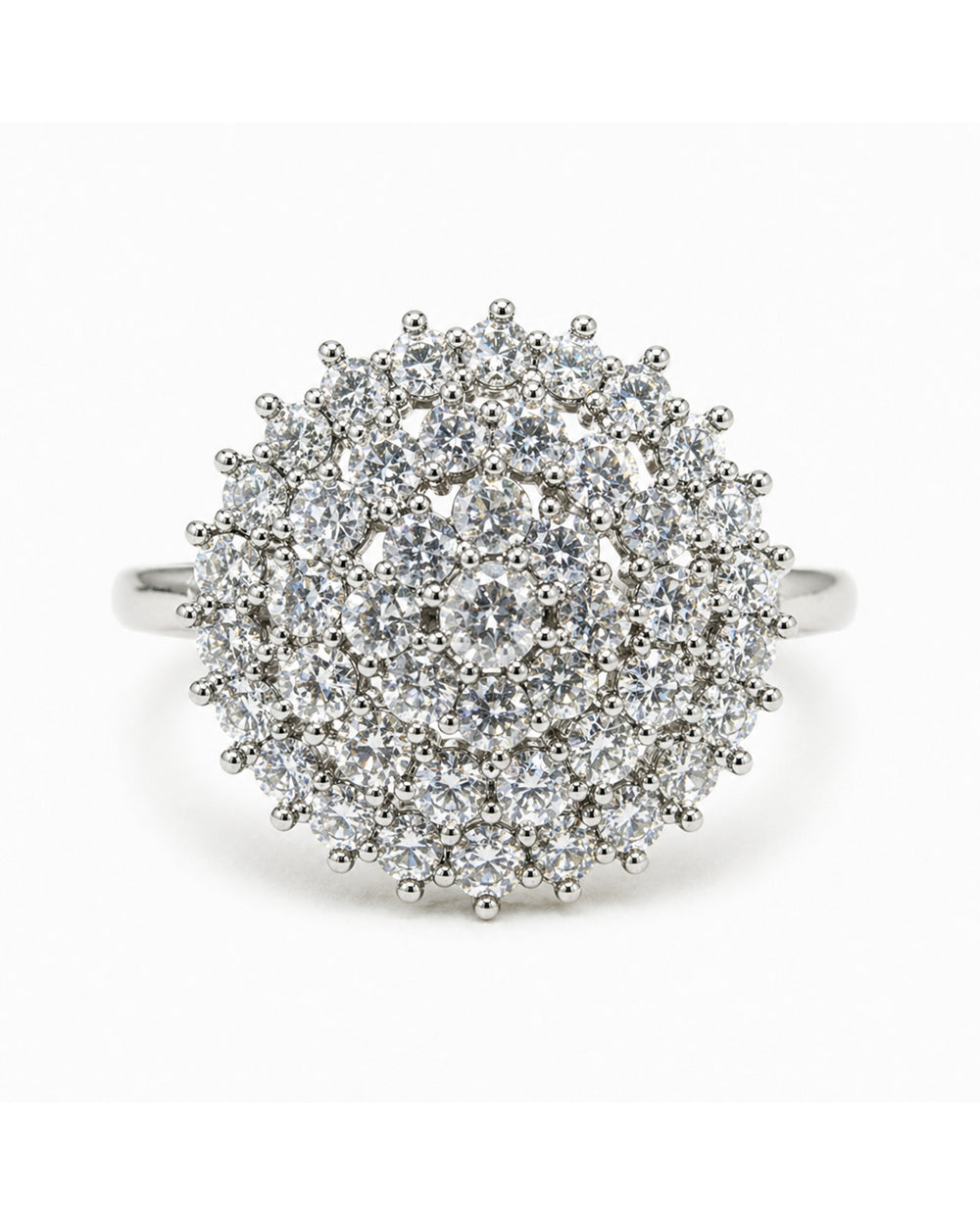 Silver ring with a cluster of small diamonds on a white background
