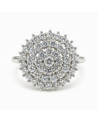 Silver ring with a cluster of small diamonds on a white background