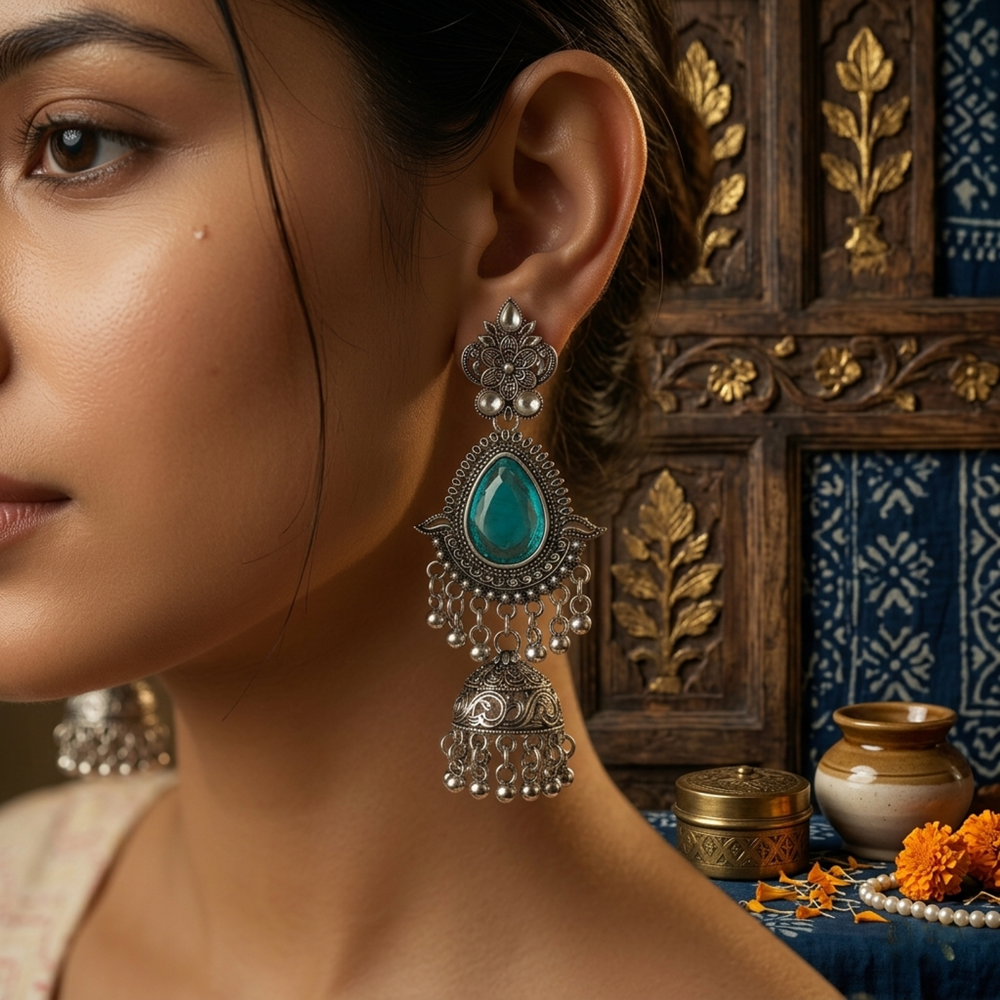 Close-up of a woman wearing a decorative earring with a turquoise stone, set against an ornate wooden panel.
