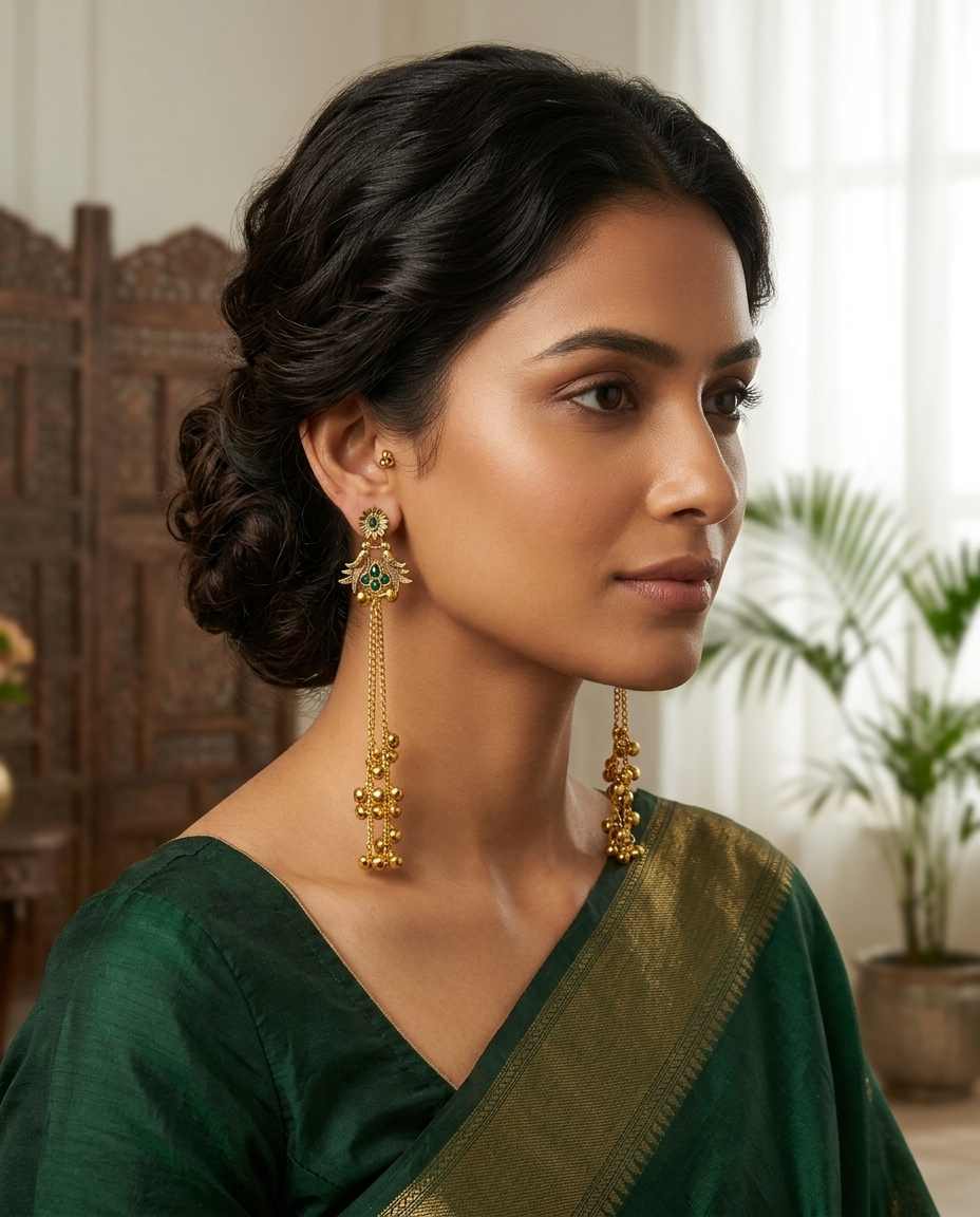 Woman wearing gold earrings with green gemstones, dressed in a green saree, indoors.