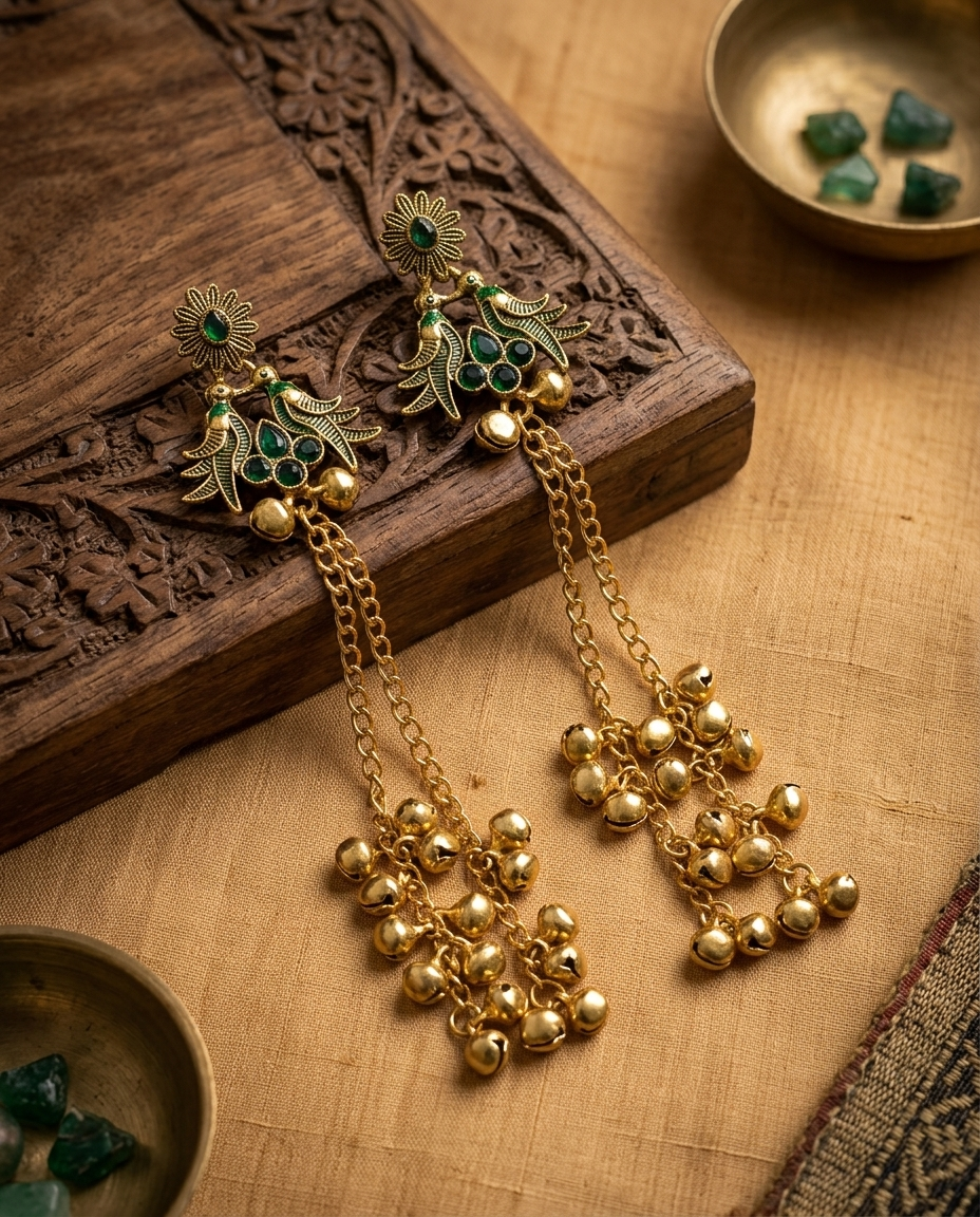 Gold earrings with green gemstones on a wooden surface