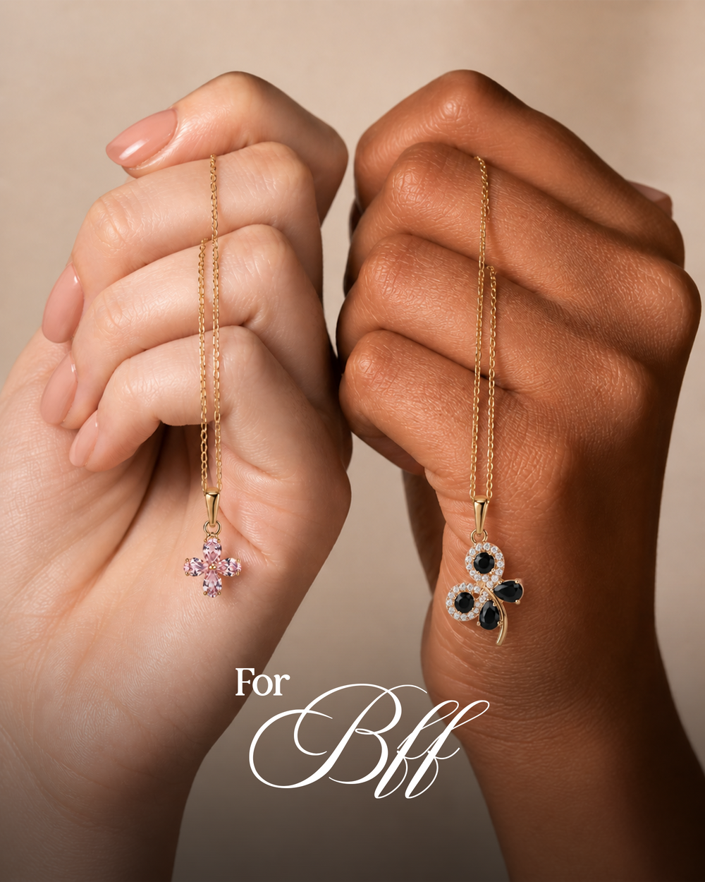 Two hands holding gold necklaces with floral pendants, labeled 'For Bff'.
