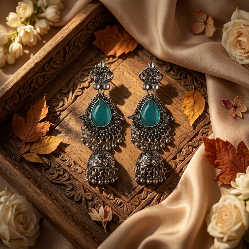 Ornate earrings with turquoise stones on a wooden surface with flowers and leaves.