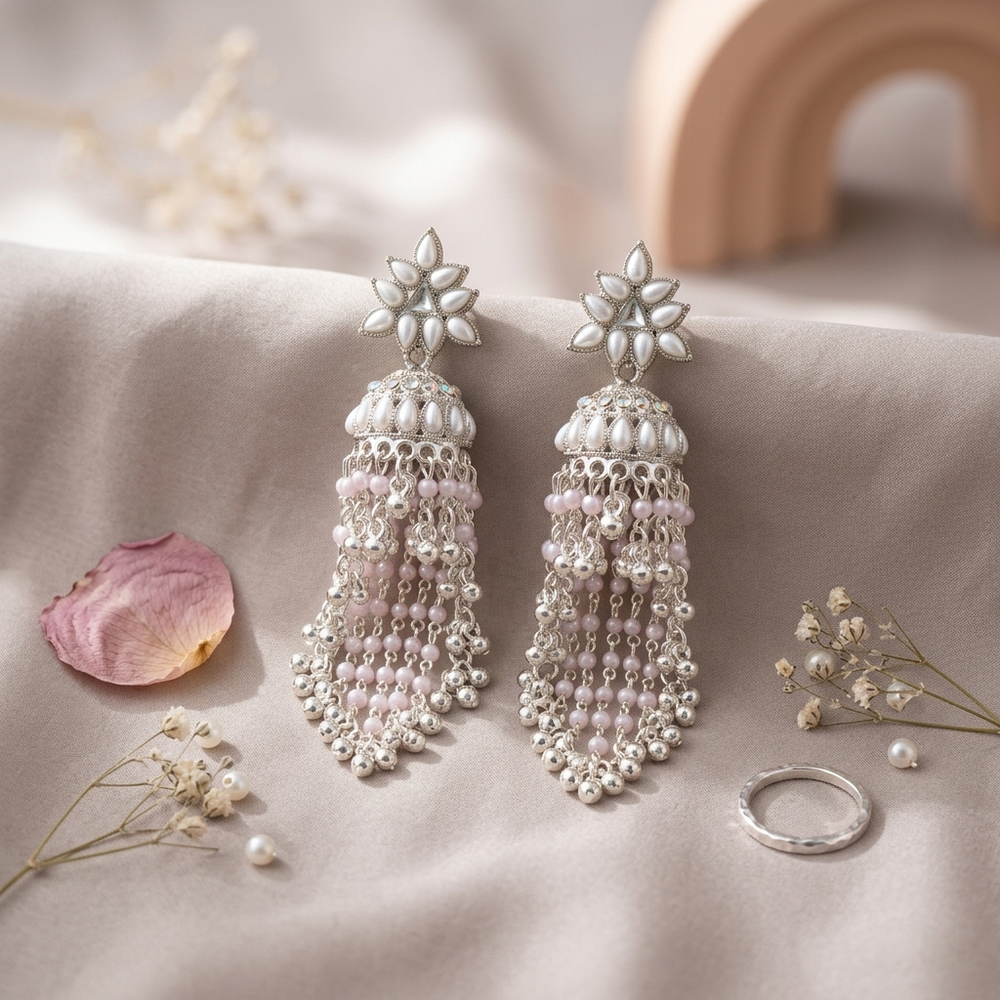 Pair of silver and pearl tassel earrings on a soft fabric background with flowers.