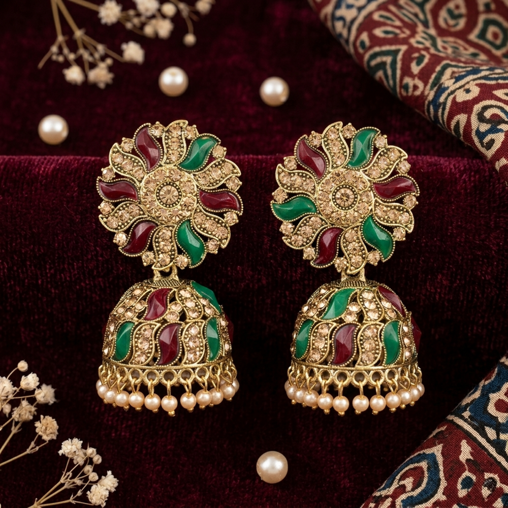 Ornate gold earrings with red and green accents on a dark fabric background