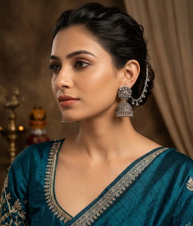 Woman wearing a teal saree with gold embroidery and silver earrings against a warm-toned background.