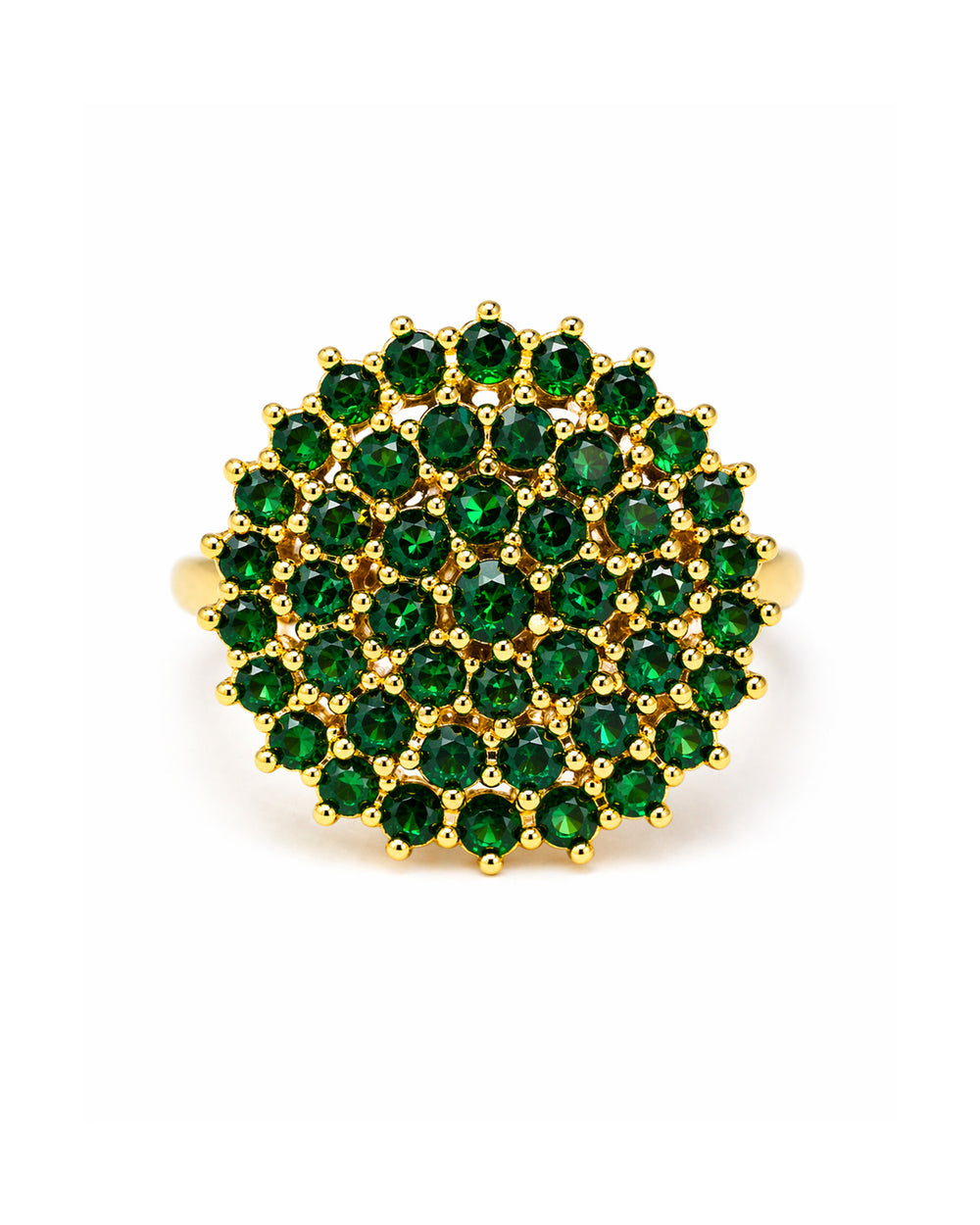 Gold ring with green gemstones on a white background