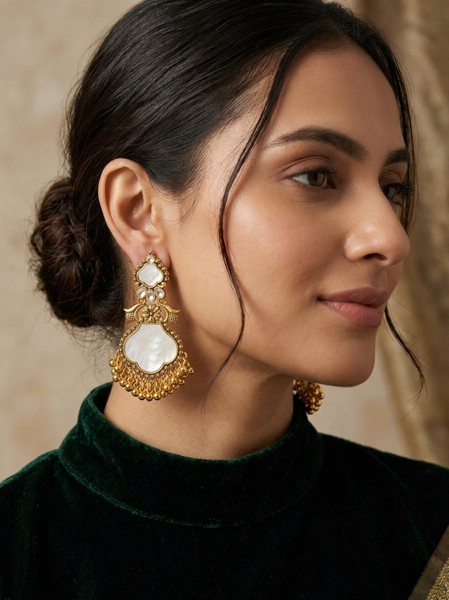 Woman wearing gold earrings with a beige background