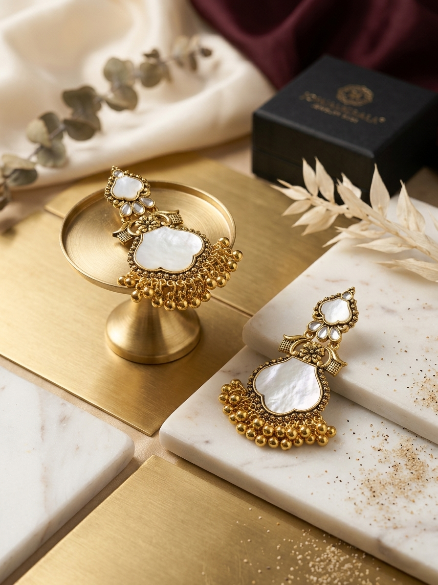 Ornate goldden and pearl earrings on a marble and gold surface with a box in the background.