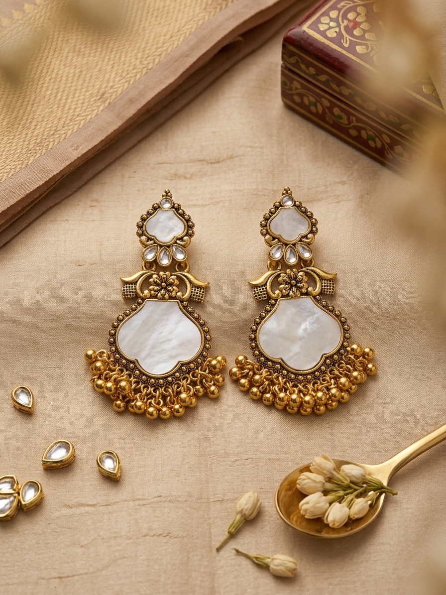 Ornate goldden earrings with white stones on a beige surface with a wooden box in the background.