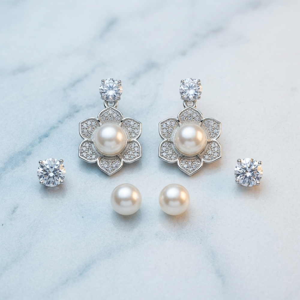 Pearl and crystal earring set on a marble surface
