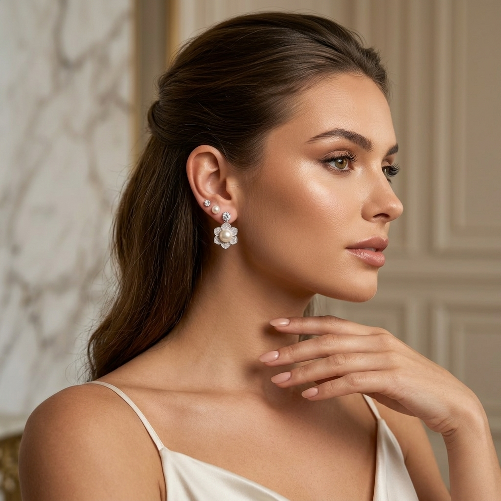 Woman wearing floral earrings with a neutral background