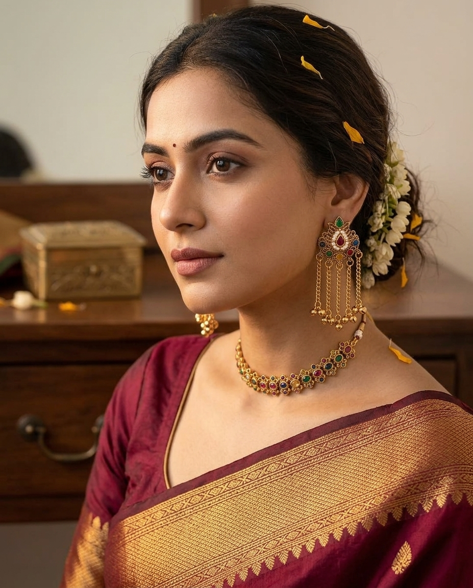 Woman wearing traditional jewelry and a saree with a blurred background