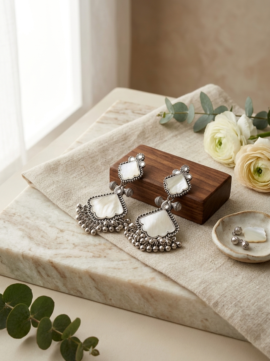 Pair of silver earrings with white stones on a wooden block, surrounded by flowers and leaves.