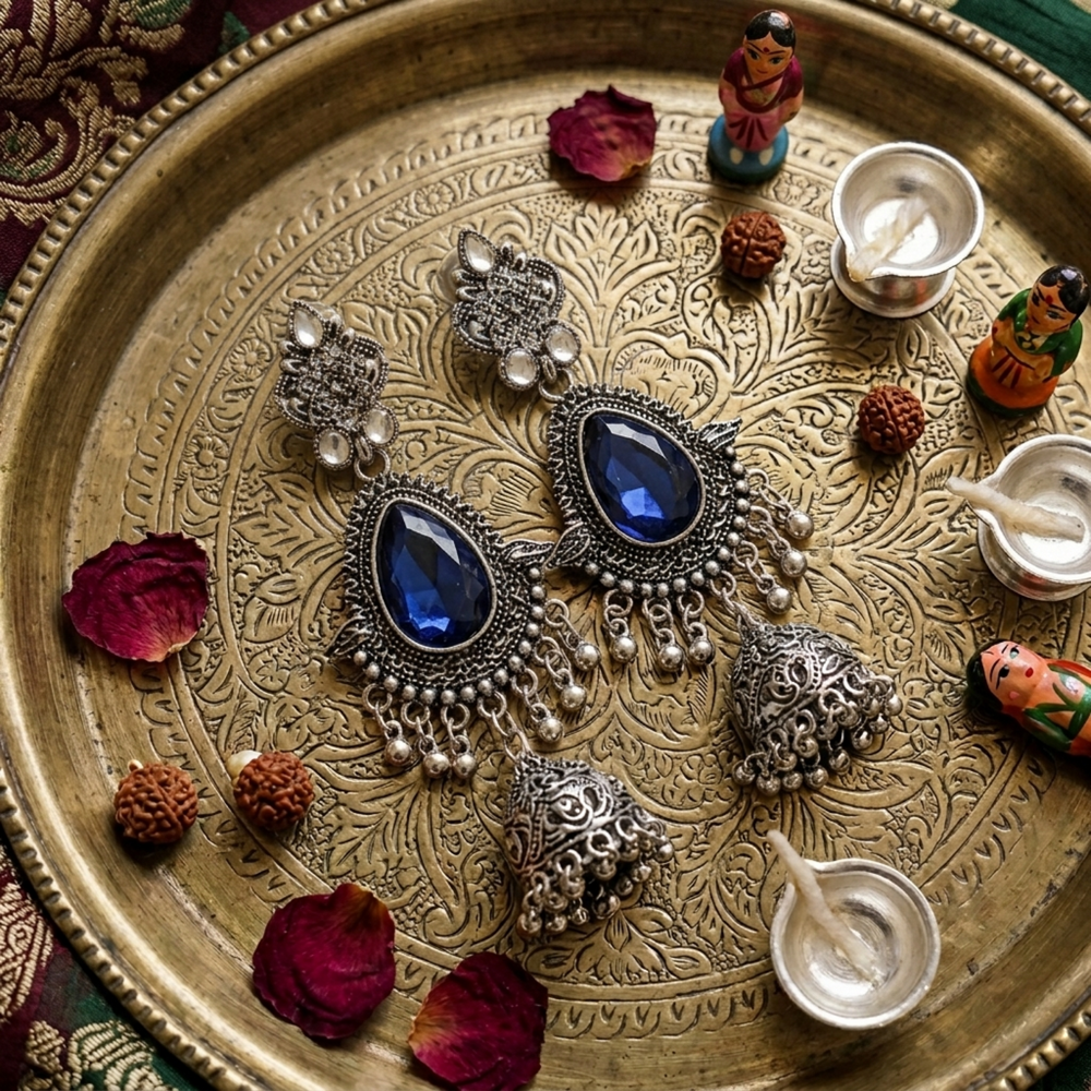 Silver earrings with blue stones on a decorative brass tray with flowers and small figurines.