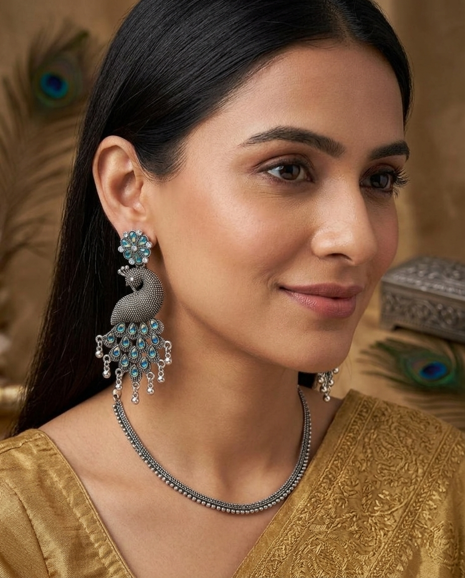 Woman wearing a gold saree with peacock feather earrings against a decorative background