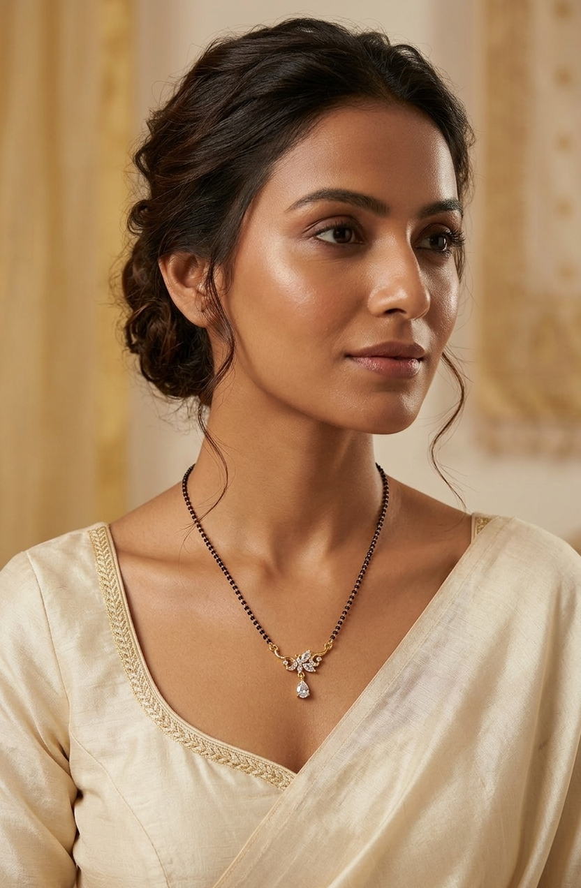 Woman wearing a white saree with a necklace, set against a neutral background