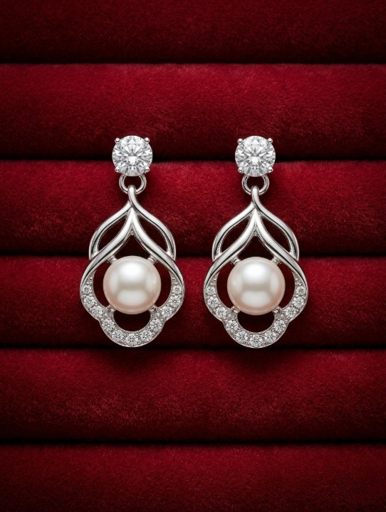 Pearl earrings with silver fixtures on a red velvet background