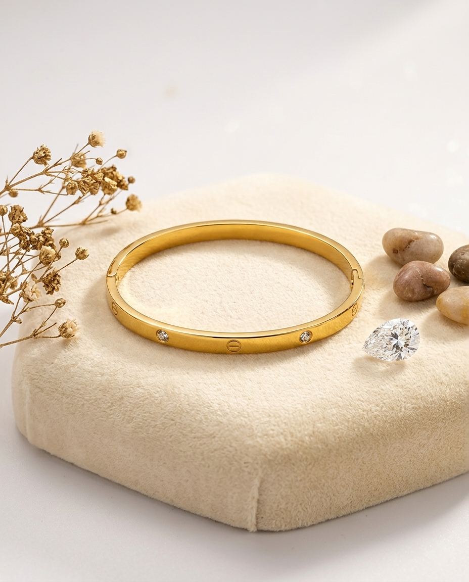 Gold bracelet with small diamonds on a beige cushion with decorative stones and dried flowers.