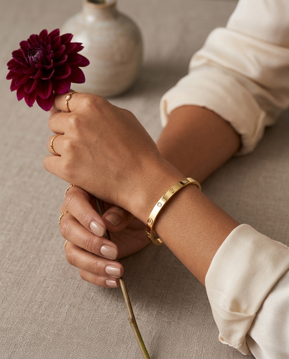 Close-up of hands holding a purple flower with a neutral background