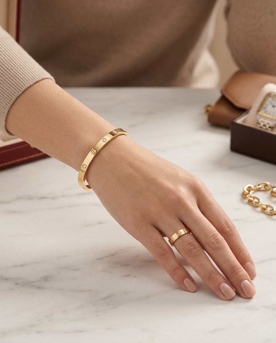 Hand wearing a gold bracelet and ring on a marble surface with jewelry box in the background