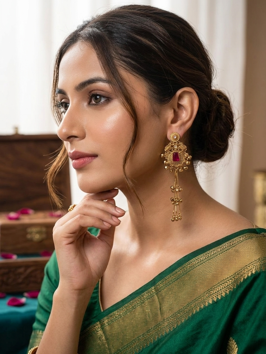 Woman wearing gold earrings and a green saree with a blurred background