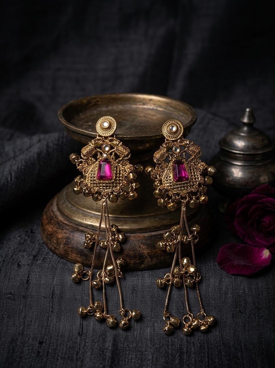 Ornate gold earrings with red gemstones on a dark background