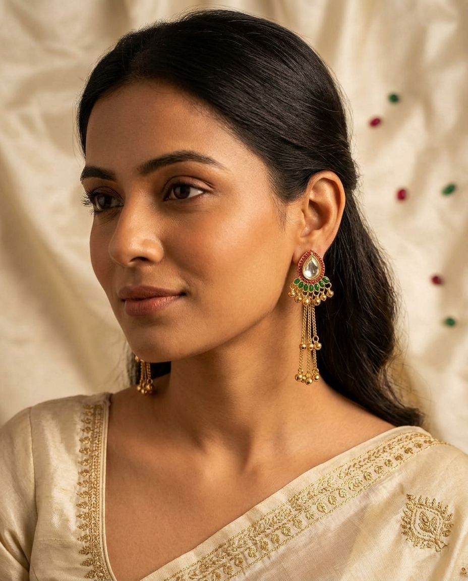 Woman wearing traditional earrings and a saree with a neutral background