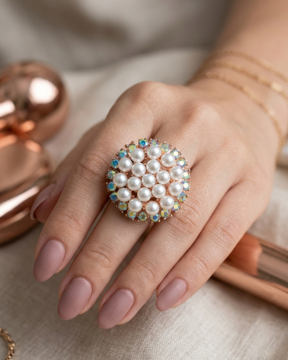 Close-up of a hand wearing a decorative ring with pearls and gemstones on a neutral background.
