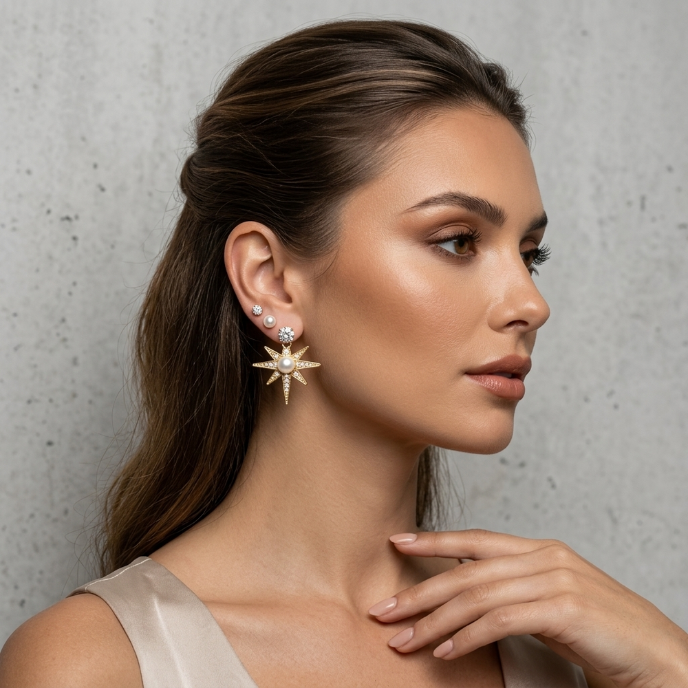 Woman wearing a star-shaped earring against a neutral background