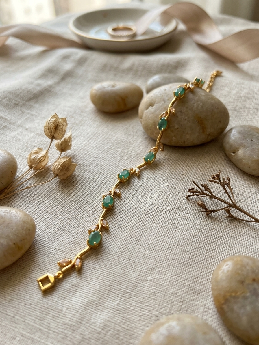 Gold bracelet with green stones on a textured surface with stones and dried plants