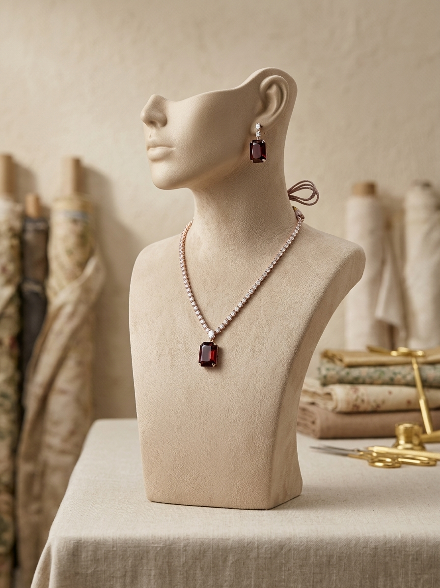Mannequin bust with jewelry on a neutral background