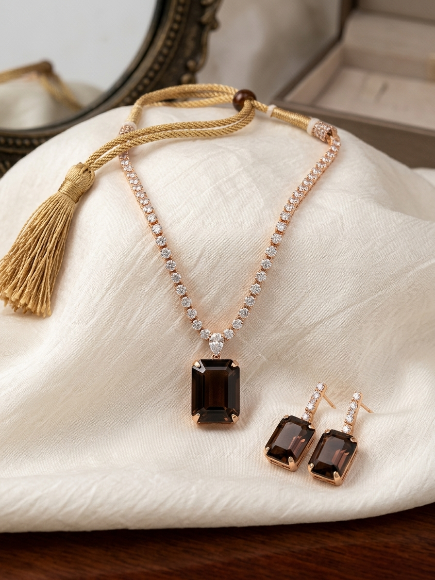 Jewelry set with smoky gemstone pendant and earrings on a textured surface.