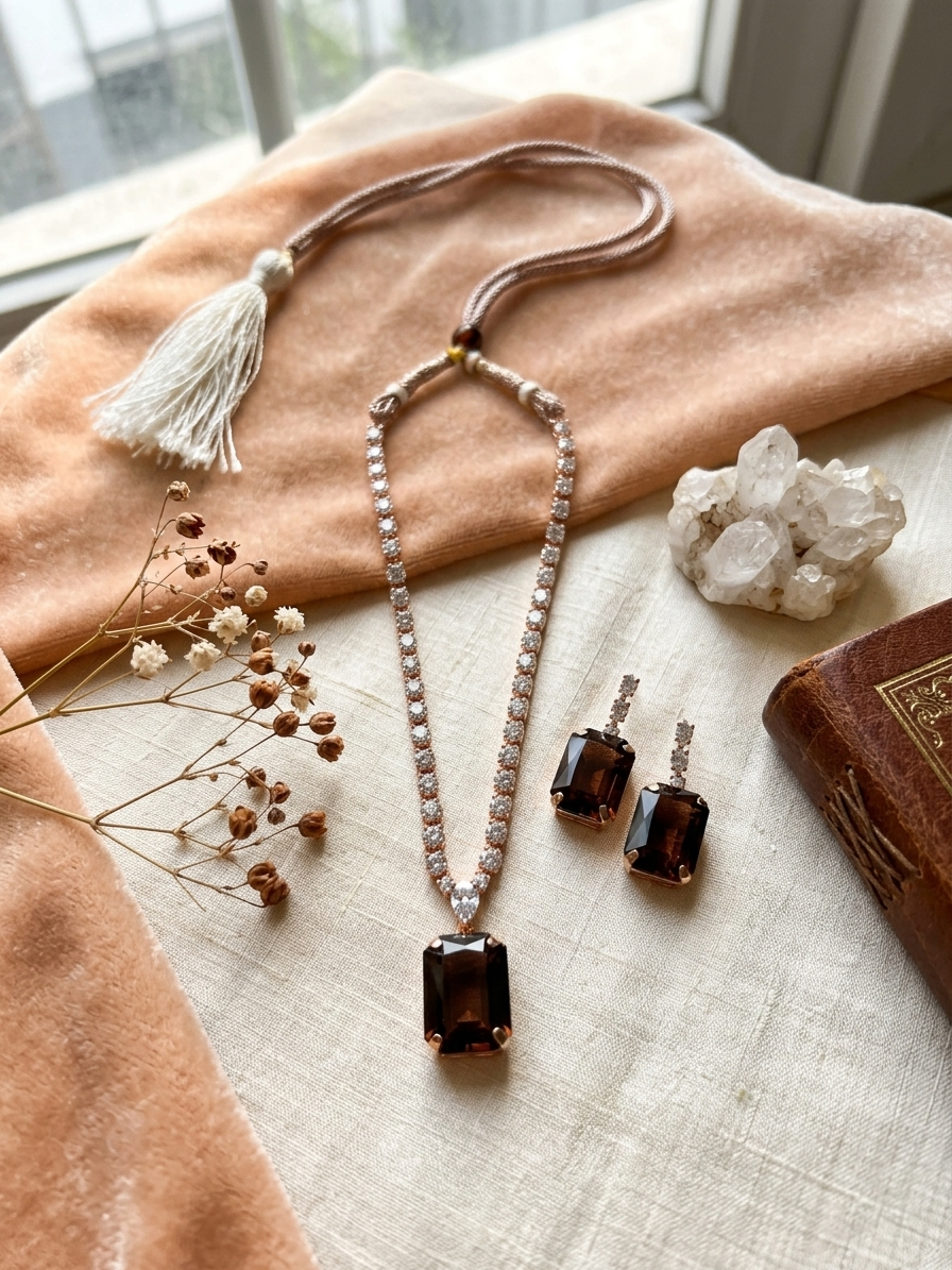 Jewelry set with necklace and earrings on a textured surface with decorative elements.