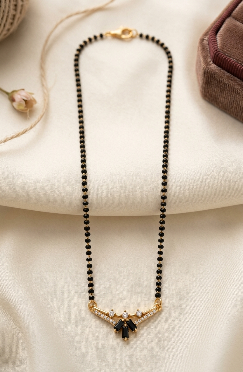 Necklace with black beads and gold accents on a beige surface