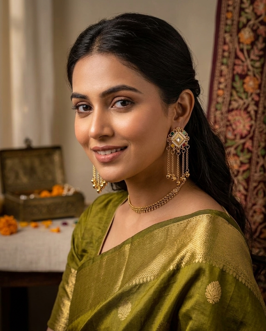Woman wearing a green saree with gold jewelry indoors