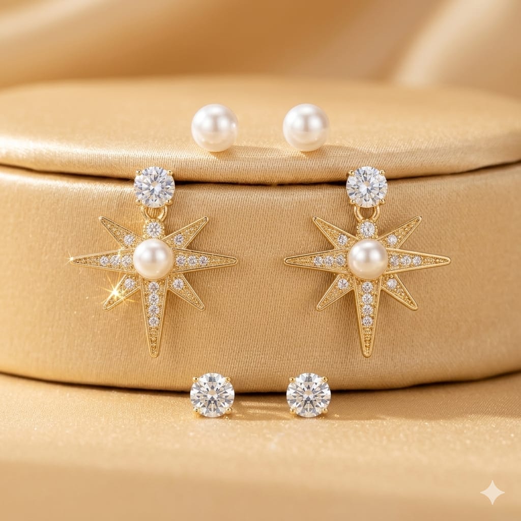 Star-shaped earrings with pearls and crystals on a beige background
