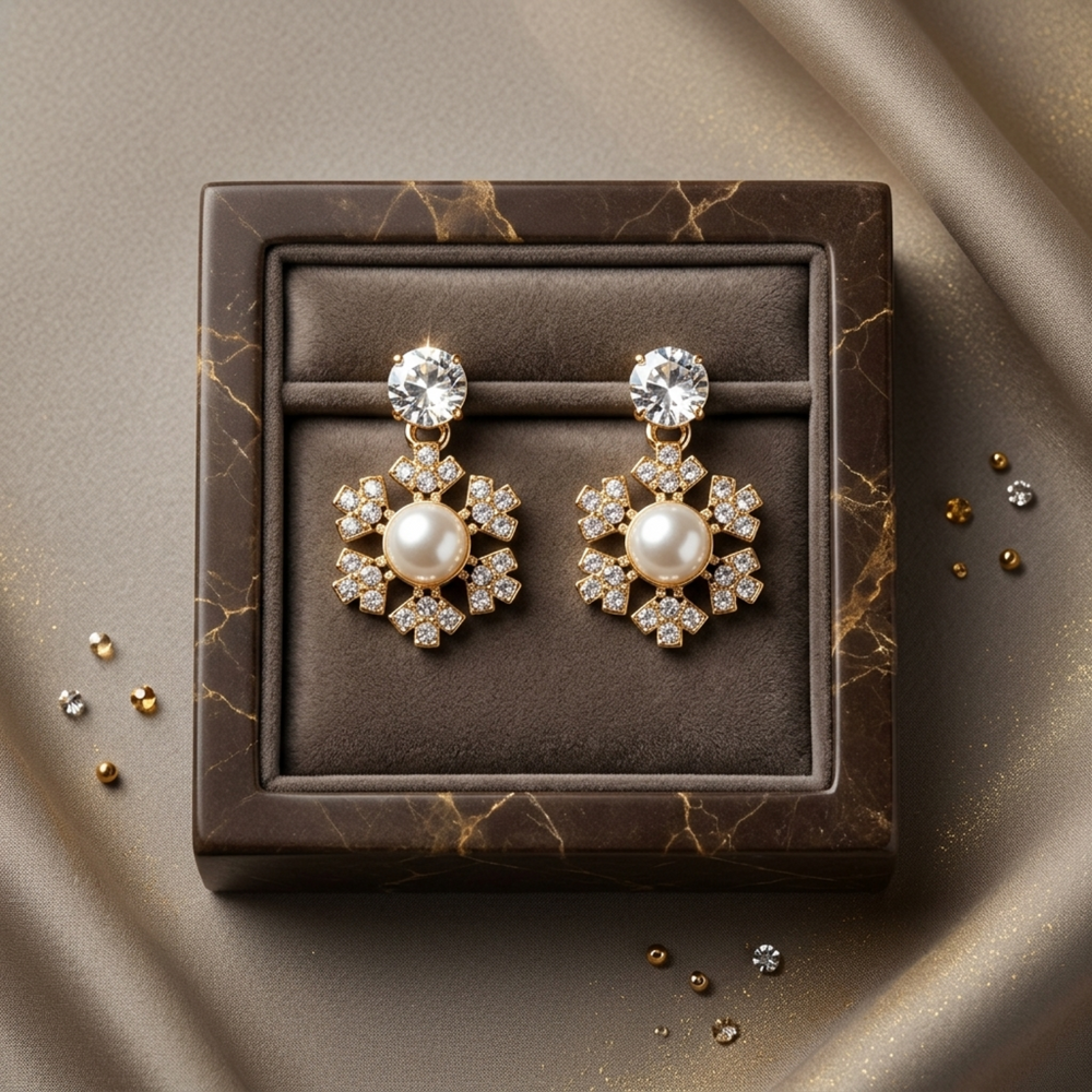 Pair of pearl and gemstone earrings on a brown marble display box.