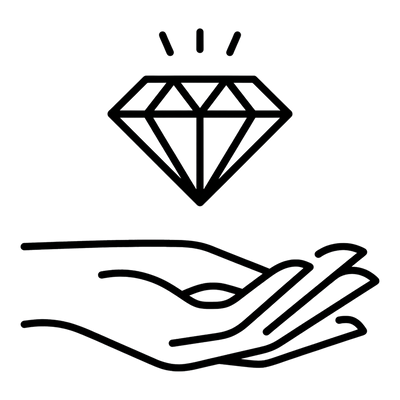 Black line drawing of a diamond and a hand holding it on a white background