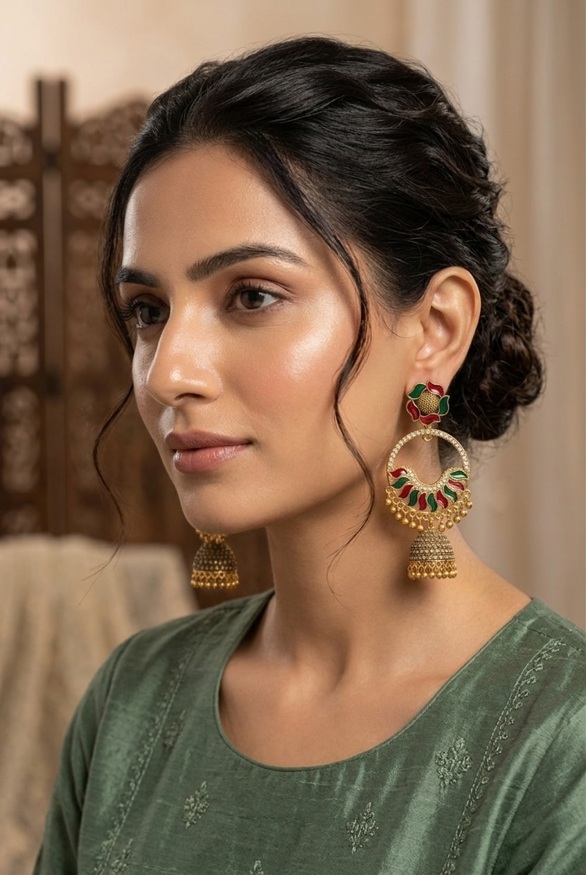Woman wearing traditional earrings with a blurred background